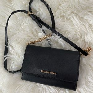 Michael Kors Black Leather Wallet Gold Accents Removable Strap